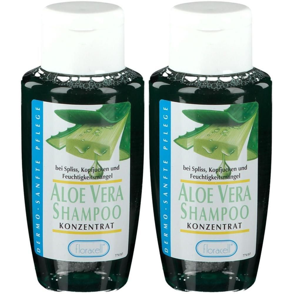 Zwei Flaschen Aloe Vera Shampoo. Aufschrift: Aloe Vera Shampoo, Konzentrat, floracell. Abbildung von Aloe Vera Blättern.