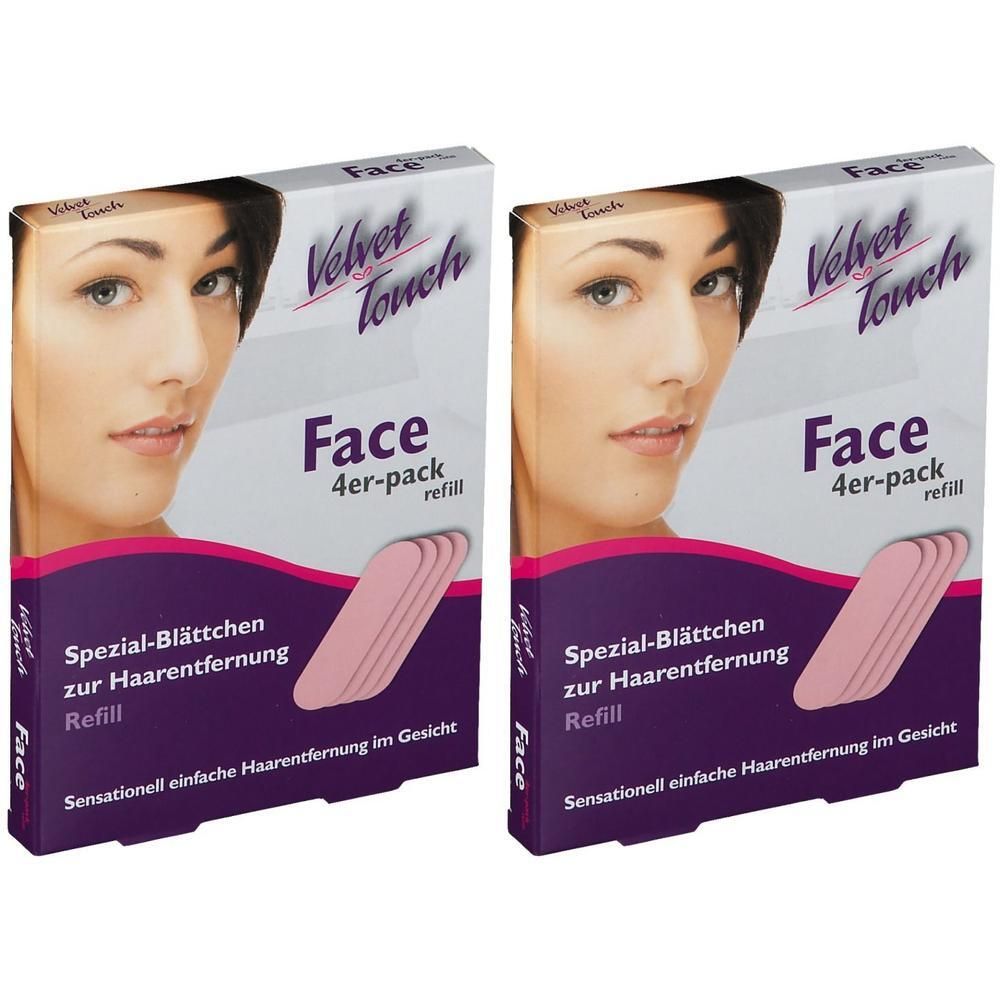 Zwei Packungen mit Gesichtshaarentfernungs-Nachfüllpackungen. Auf jeder Packung ist ein Frauenporträt abgebildet. Text: Velvet Touch, Face, 4er-pack.