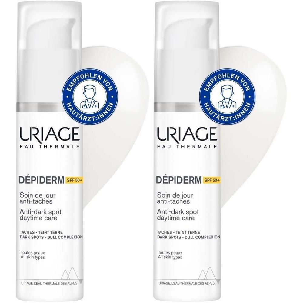Zwei weiße Flaschen mit Pumpverschluss. Aufschrift: URIAGE DÉPIDERM, Anti-Pigmentflecken Tagespflege LSF50+.