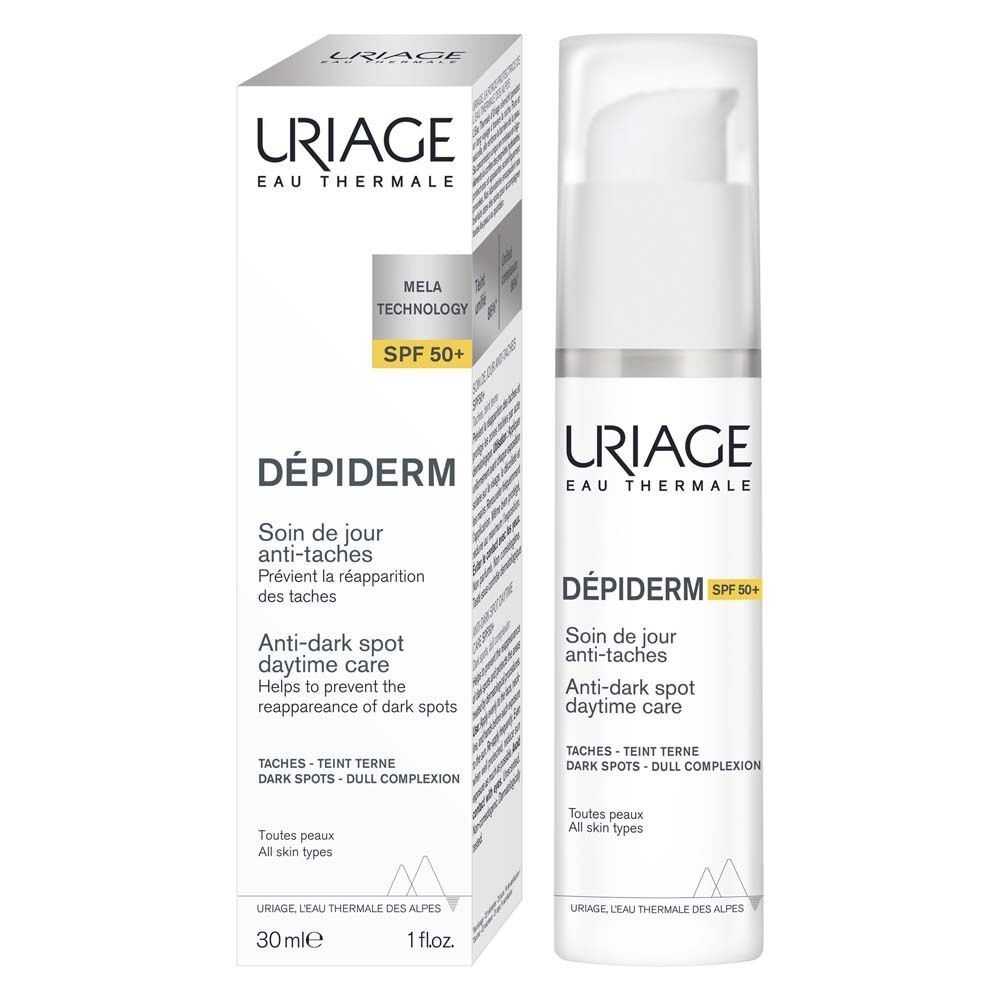 Weiße Flasche mit Pumpverschluss und Verpackung. Text: URIAGE DÉPIDERM, Anti-Pigmentflecken Tagespflege LSF50+.