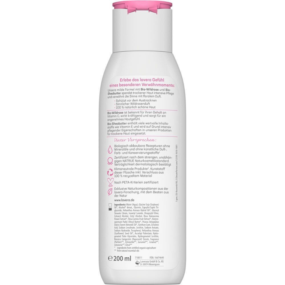 Rückseite einer weißen Flasche Body Milk. Text mit Produktinformationen und Inhaltsstoffen. Unten: 200 ml.