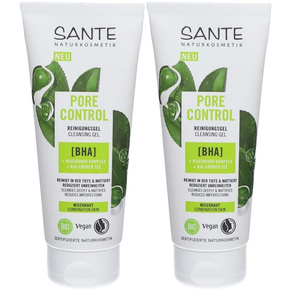 Zwei Tuben SANTE PORE CONTROL Reinigungsgel. Weiße Tuben mit grünen Blättern und Produktinformationen. Aufschrift: [BHA], Mischhaut.