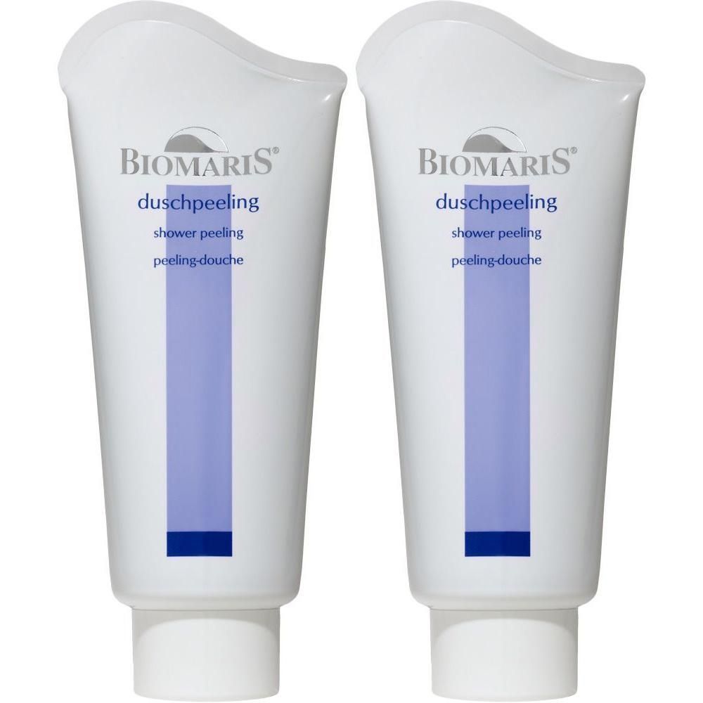 Zwei weiße Tuben mit blauem Streifen. Aufschrift: BIOMARIS, Duschpeeling, shower peeling, peeling douche.
