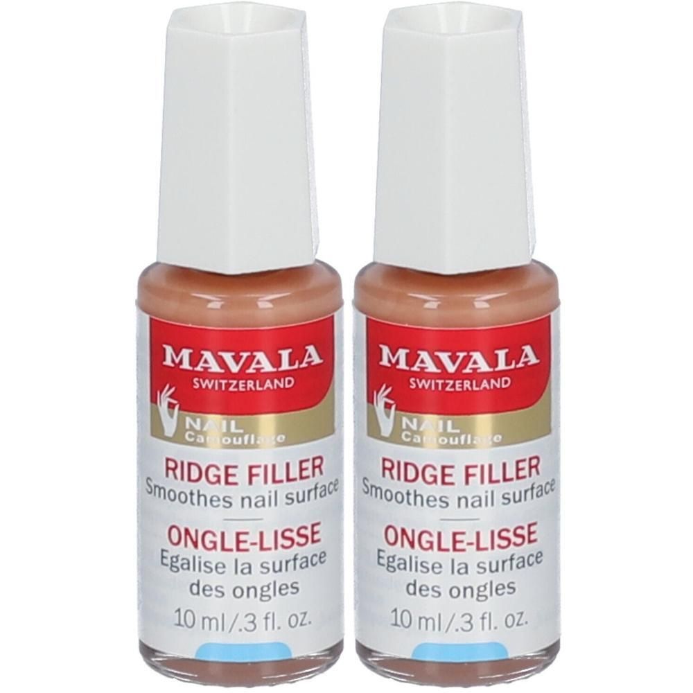 Zwei Flaschen Nagelglätter. Braune Flüssigkeit in Glasflaschen mit weißem Deckel. Aufschrift: MAVALA, RIDGE FILLER, ONGLE-LISSE.