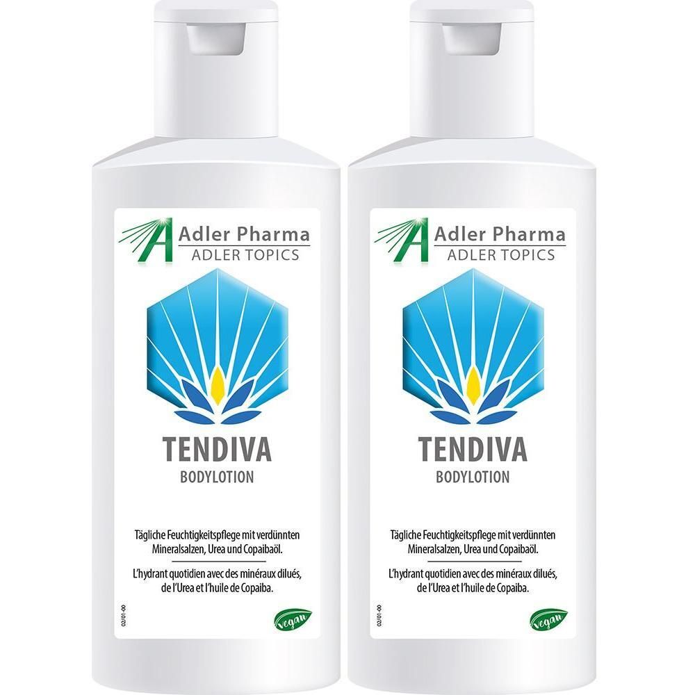 Zwei weiße Flaschen mit Klappverschluss. Aufschrift: Adler Pharma, Tendiva Bodylotion. Mit Logo und Text in Deutsch und Französisch. Vegan-Siegel.