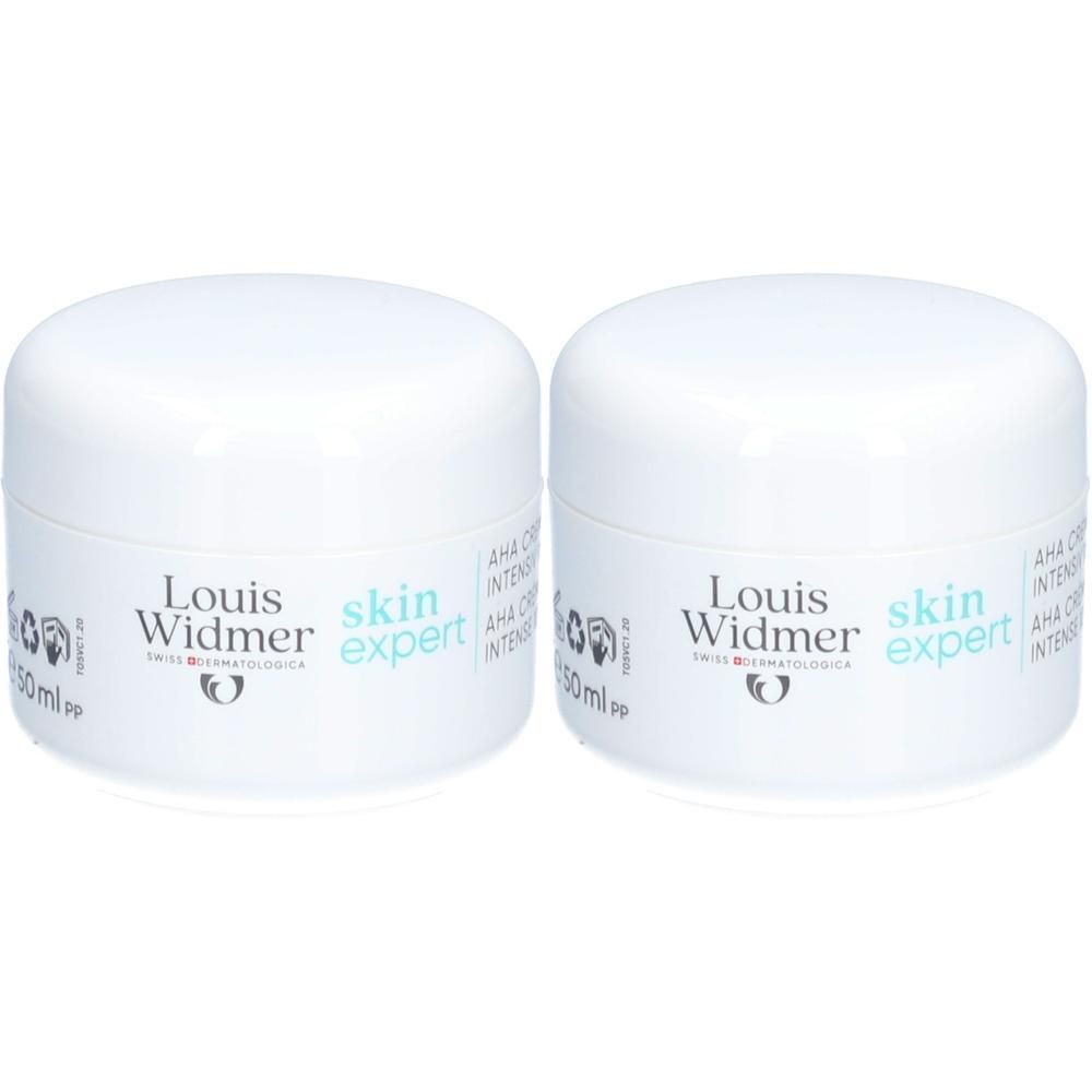 Zwei weiße Tiegel. Aufschrift: Louis Widmer skin expert. AHA Creme. 50 ml. Swiss Dermatologica.
