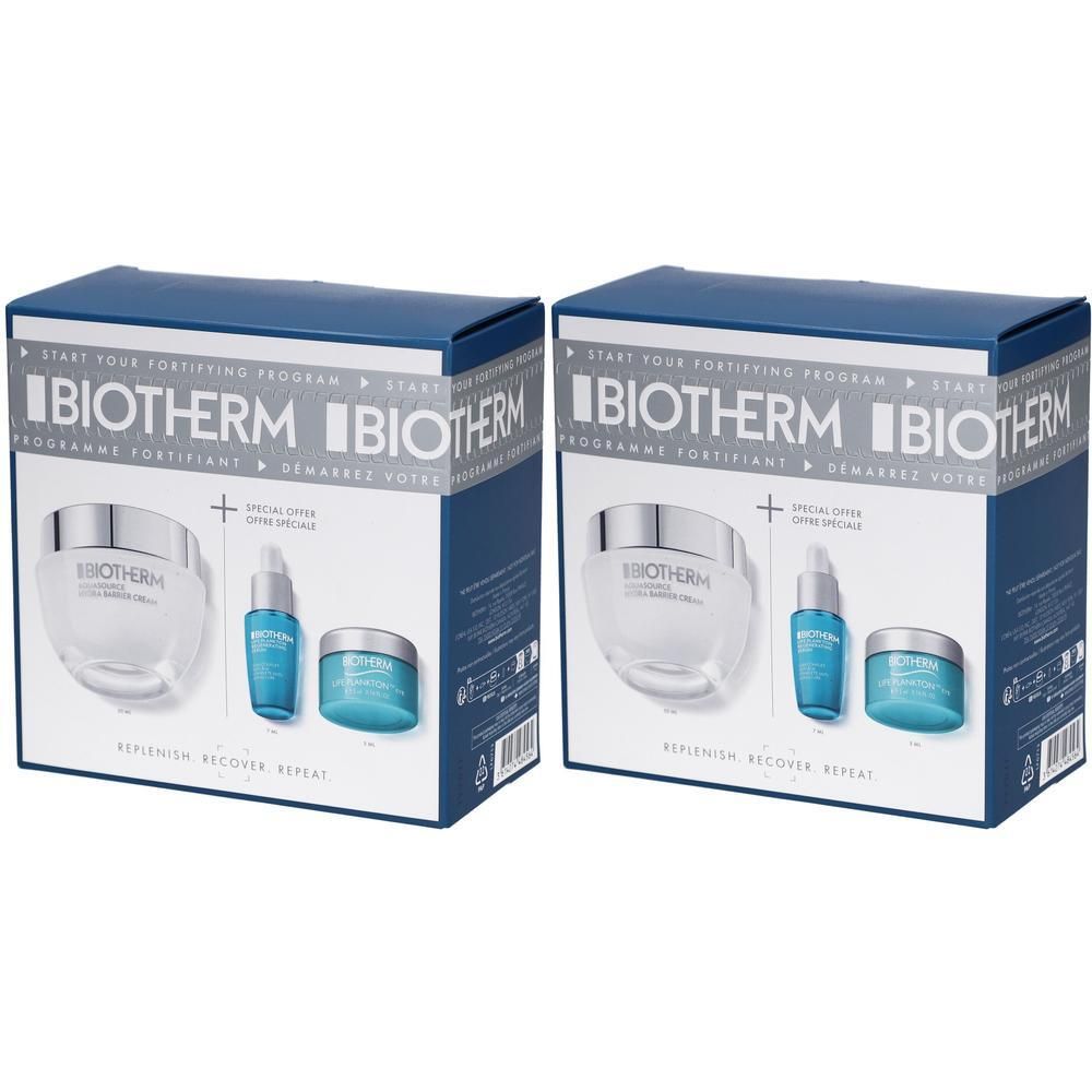Zwei BIOTHERM Geschenksets. Jedes Set enthält Creme, Serum und Tiegel. Blaue und weiße Verpackung mit BIOTHERM-Logo.