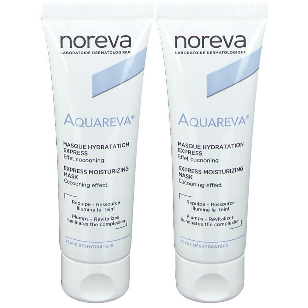 Zwei Tuben Noreva Aquareva Feuchtigkeitsmaske. Weiße Tuben mit blauer Beschriftung. Text: Aquareva, Express Moisturizing Mask, für dehydrierte Haut.