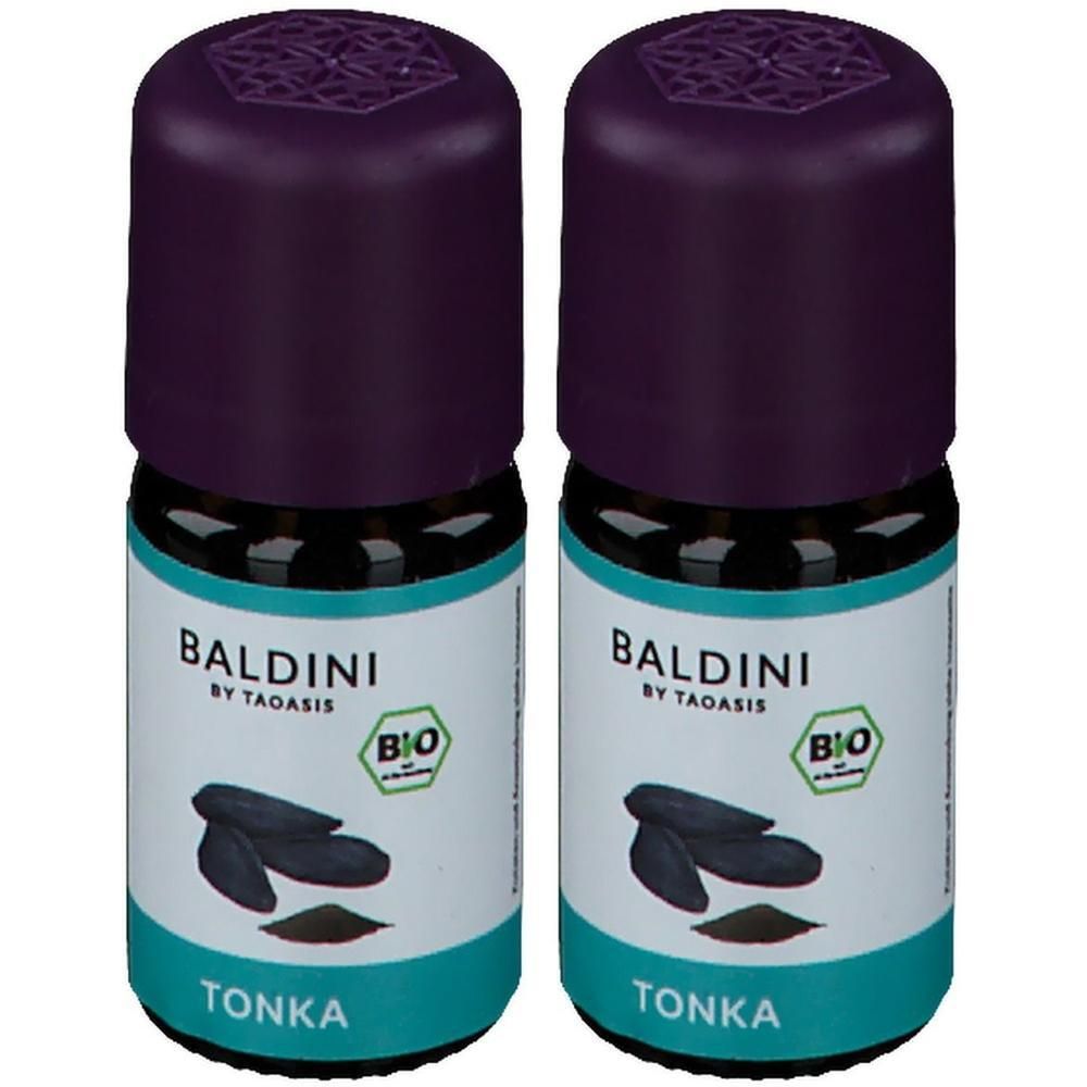 Zwei kleine Flaschen mit lila Deckeln. Auf den Etiketten steht "BALDINI by TAOASIS" und "TONKA". Bio-Siegel.