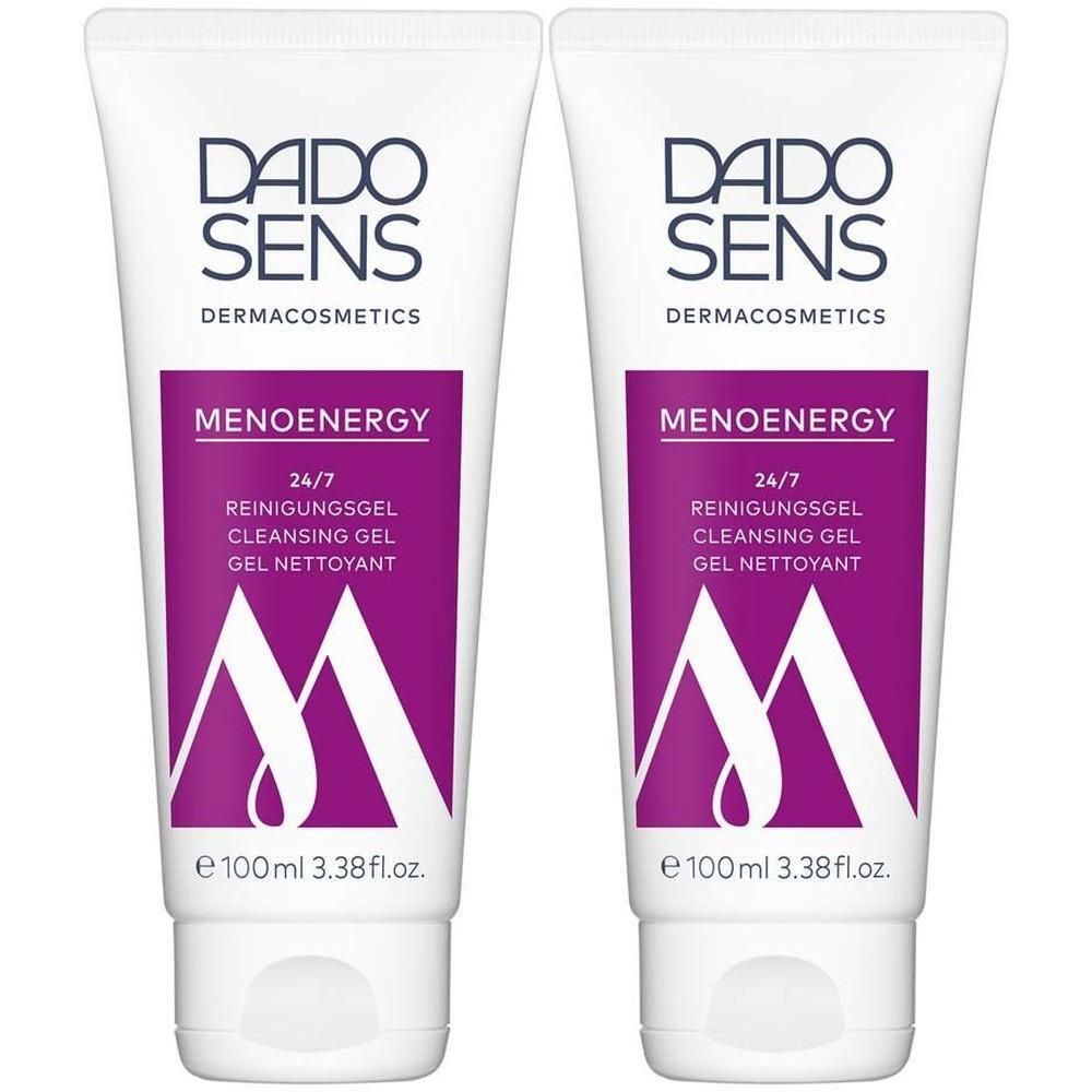 Zwei Tuben mit weißem Hintergrund, lila Akzenten und Schriftzug DADO SENS Menoenergy 24/7 Cleanser.