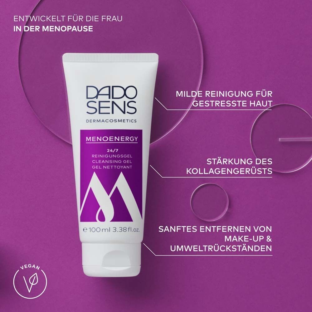Produkt-Tube mit Text DADO SENS Menoenergy 24/7 Cleanser. Lila Akzente und Text.