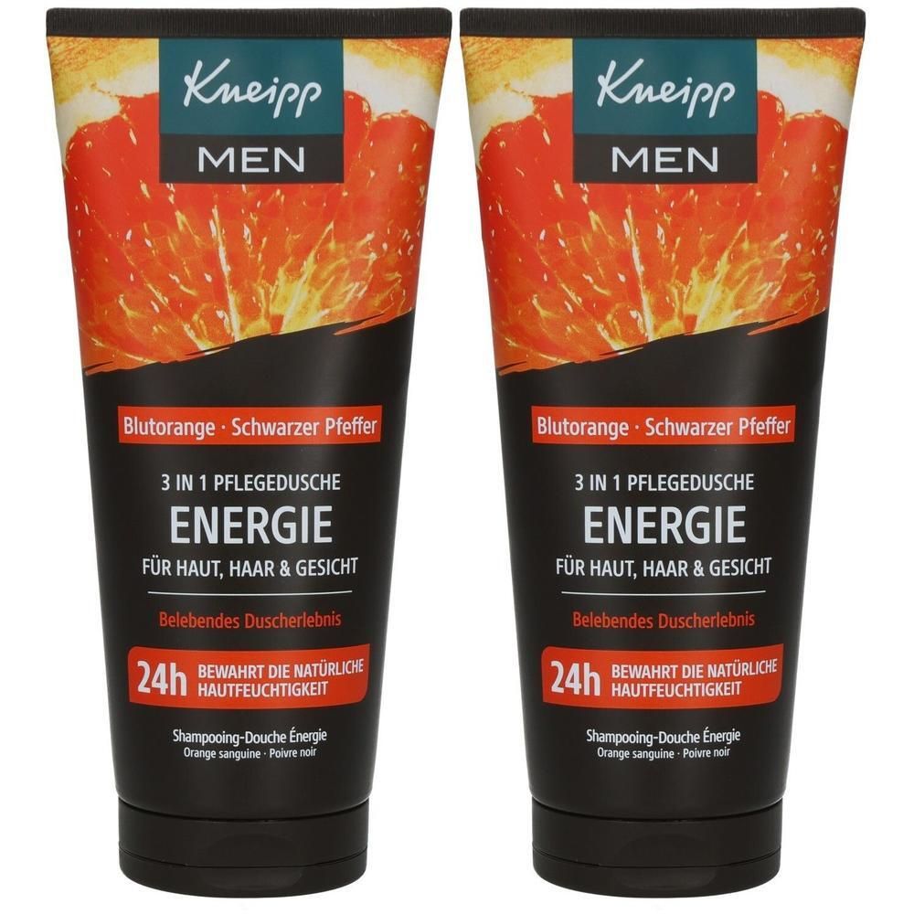 Zwei schwarze Tuben mit Kneipp-Logo und Produktbezeichnungen. Aufschrift: 3in1 Pflegedusche Energie, Blutorange, Schwarzer Pfeffer. 24h Feuchtigkeit.