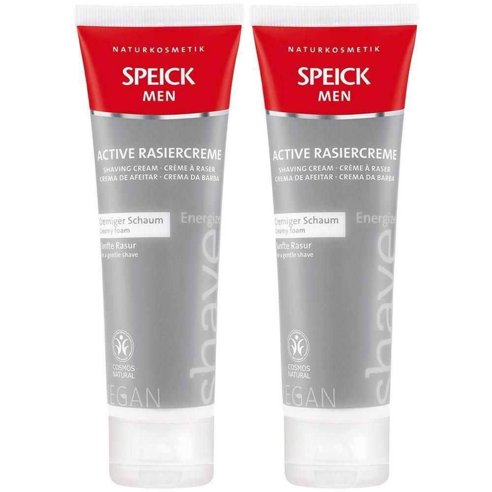 Zwei Tuben Rasiercreme. Rote und graue Farbgebung. Aufschrift: SPEICK MEN, ACTIVE RASIERCREME, Demiger Schaum, sanfte Rasur. Vegan-Siegel.