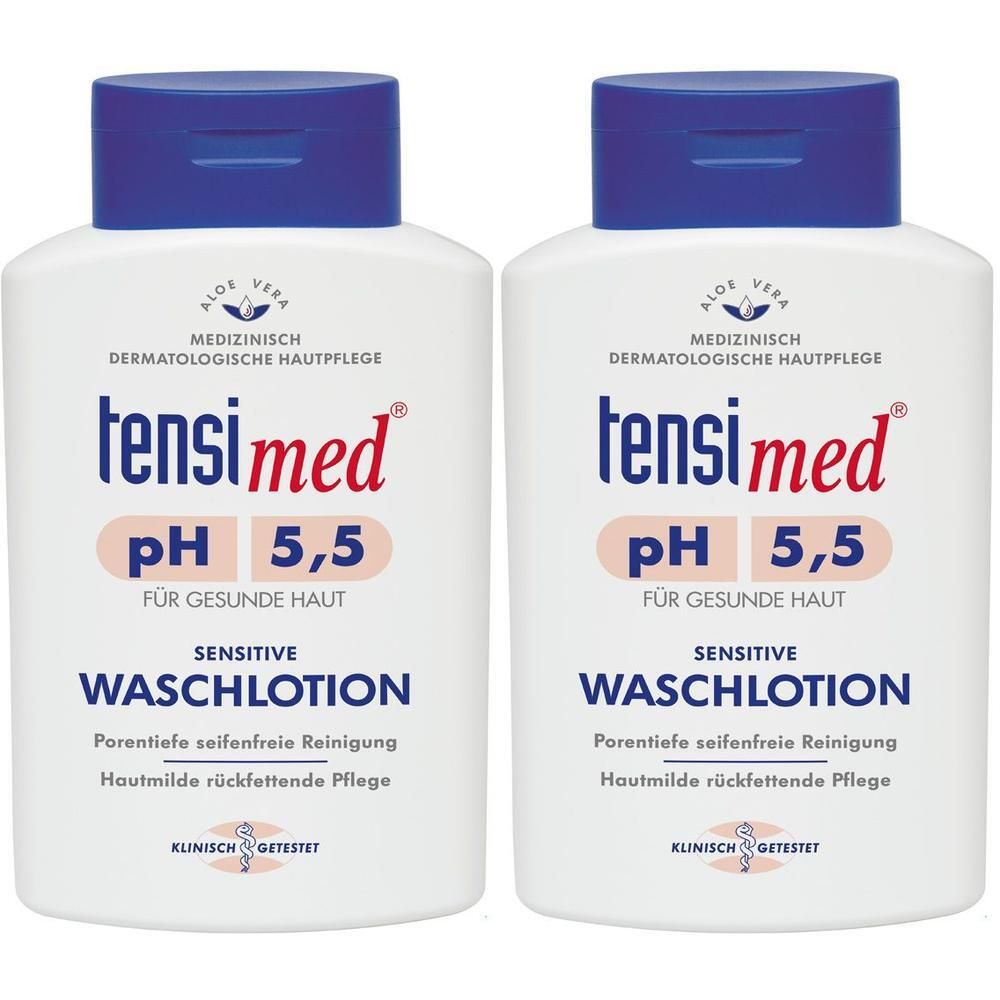 Zwei weiße Flaschen tensimed® Waschlotion mit blauem Deckel. Aufschrift: tensimed®, pH 5,5, sensitive Waschlotion, dermatologische Hautpflege.