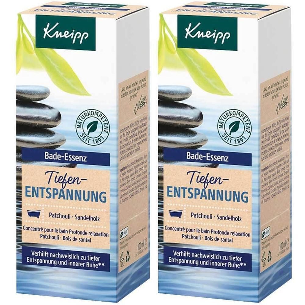 Zwei rechteckige Kartons mit Kneipp-Logo und Produktnamen. Text: Bade-Essenz Tiefenentspannung. Mit Naturkompetenz-Siegel.