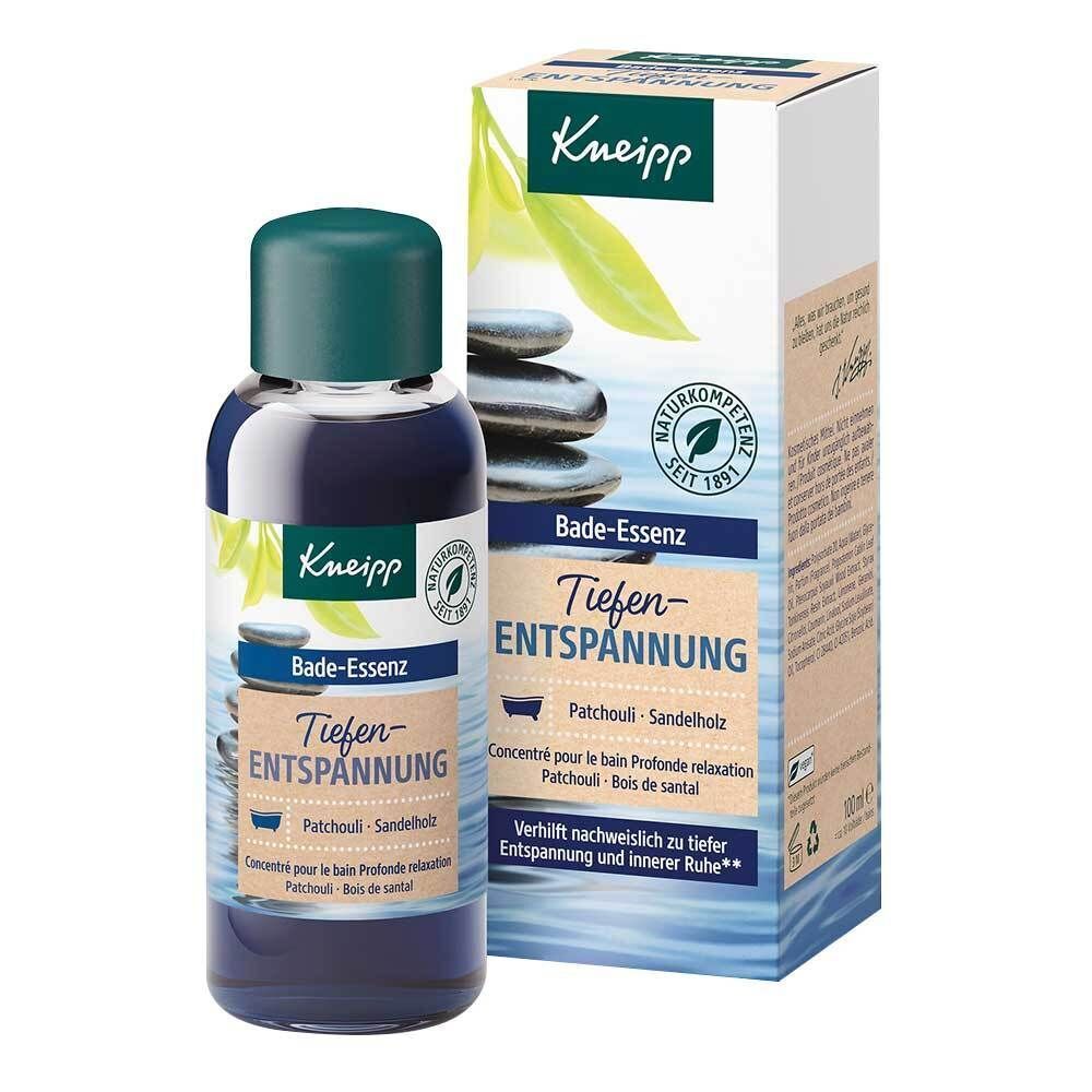 Flasche und Karton mit Kneipp-Logo und Produktnamen. Text: Bade-Essenz Tiefenentspannung. Mit Naturkompetenz-Siegel.