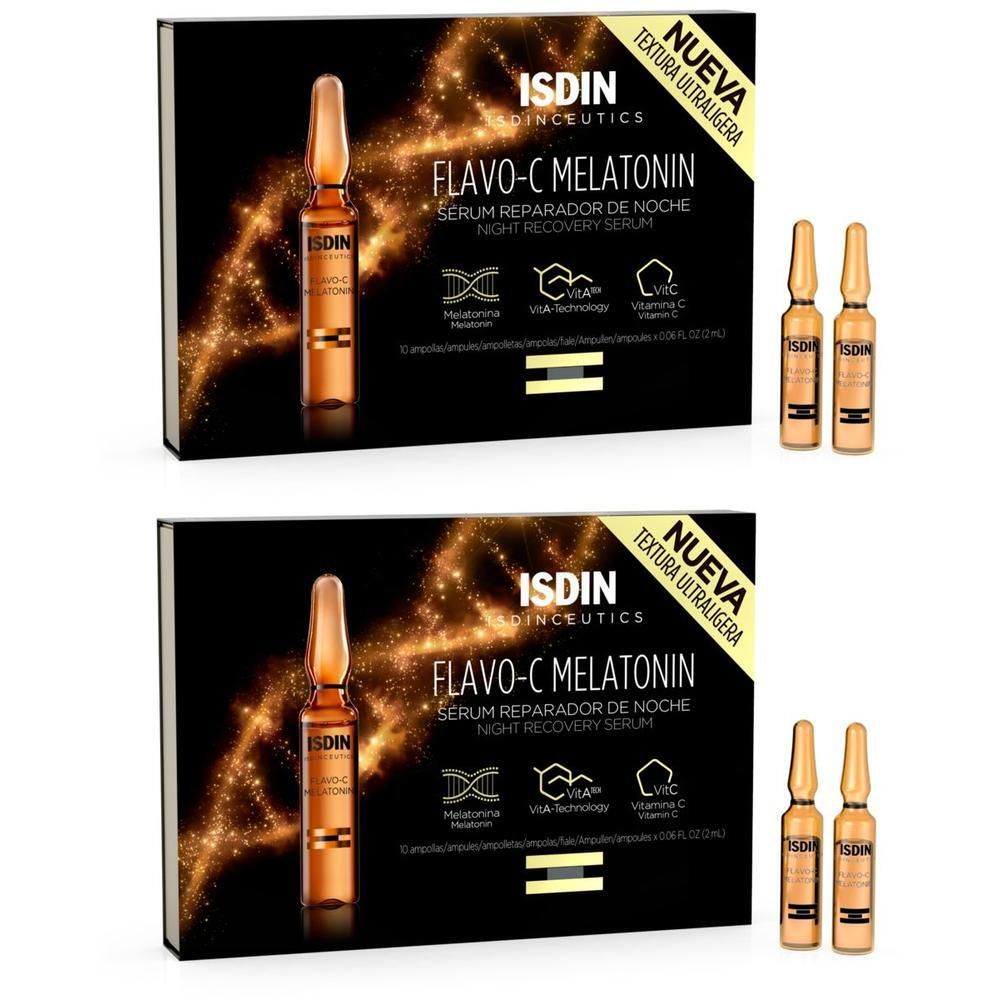 Zwei Produktverpackungen mit Ampullen. Aufschrift: ISDINCEUTICS Flavo-C Melatonin. Enthält Serum für Tag und Nacht.