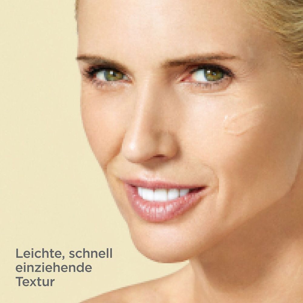Nahaufnahme eines Gesichts. Text: Leichte, schnell einziehende Textur.