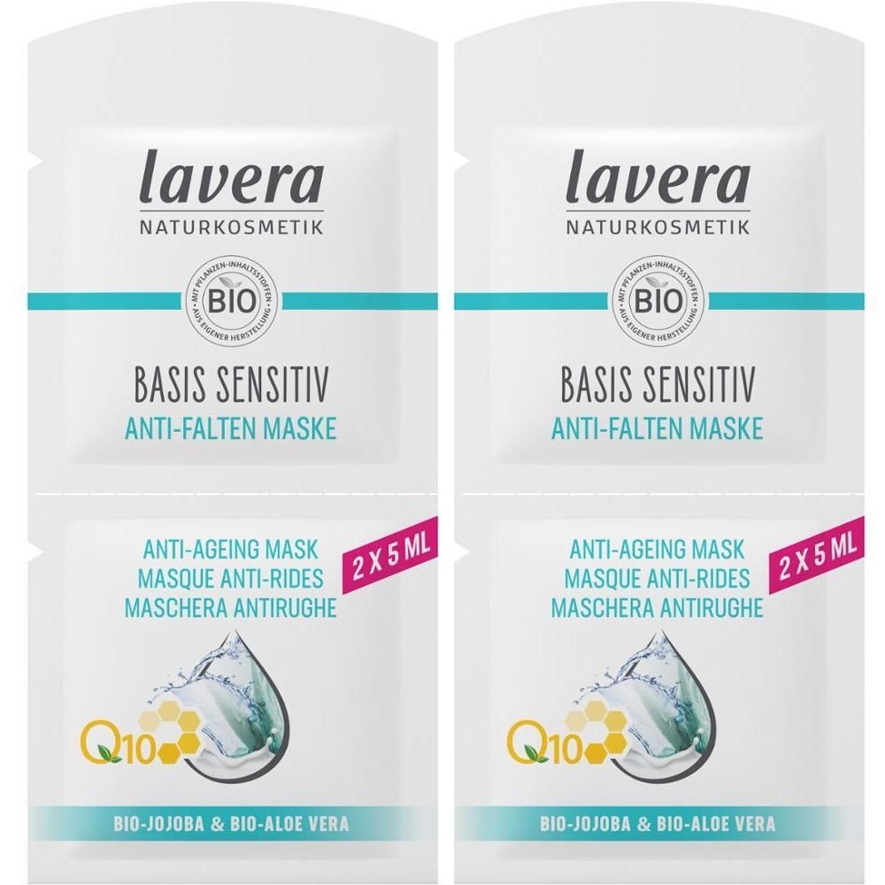 Zwei Beutel LAVERA Basis Sensitiv Anti-Falten Maske. Weiße Verpackung mit Logo, Produktname und Q10-Symbol. 2x5ml.