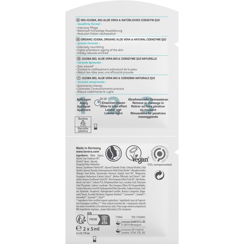 Rückseite eines Beutels LAVERA Basis Sensitiv Anti-Falten Maske. Text mit Inhaltsstoffen, Anwendungshinweisen und Zertifizierungen.