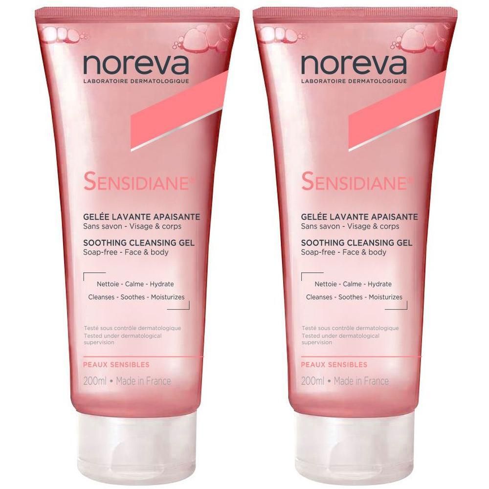 Zwei Tuben Sensidiane Reinigungsgel. Rosa Tuben mit weißer Schrift. Aufschrift: SOOTHING CLEANSING GEL. 200ml.