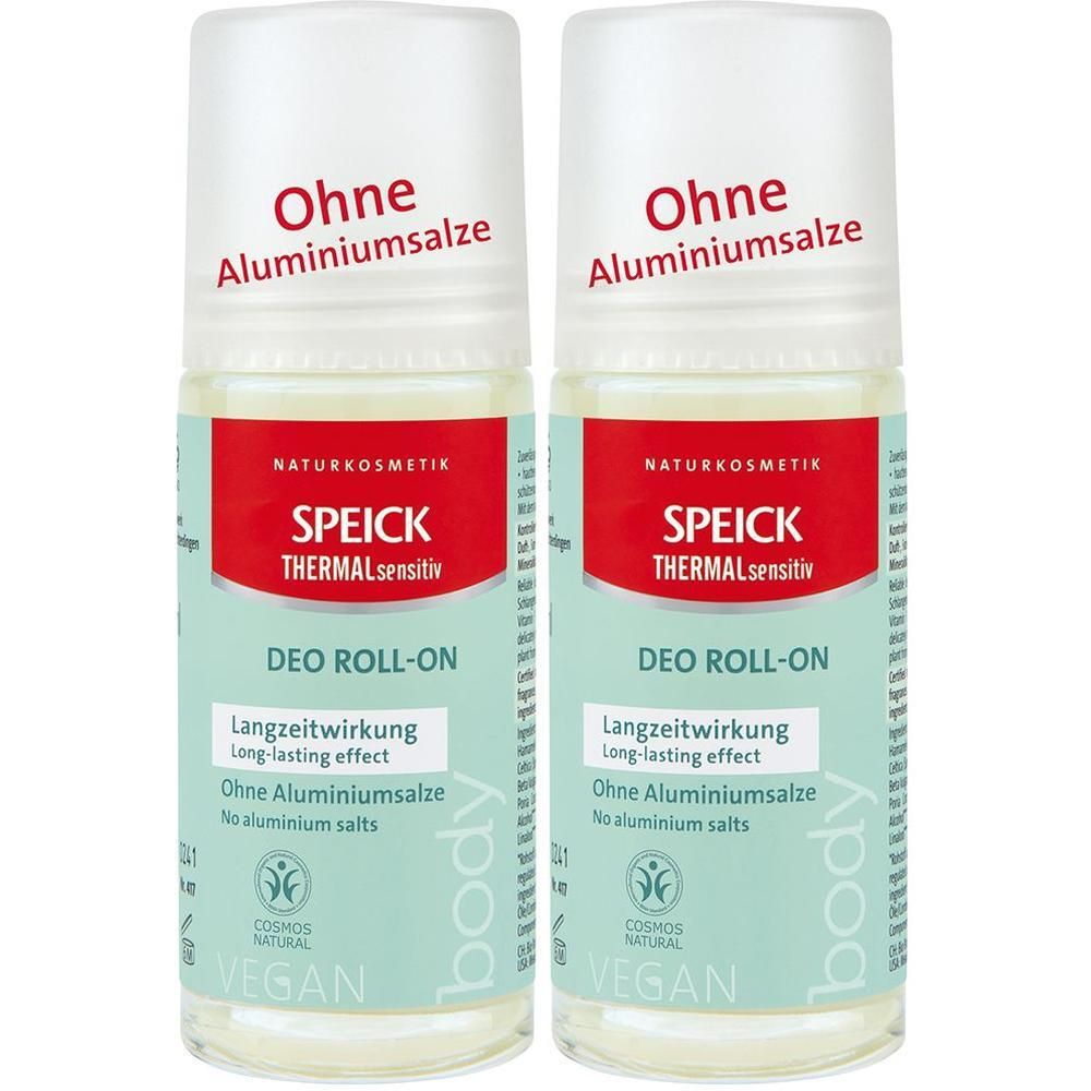 Zwei Deo Roll-ons. Weißer Deckel, hellgrüne Etiketten mit rotem Streifen. Text: SPEICK, DEO ROLL-ON, Ohne Aluminiumsalze. Vegan.