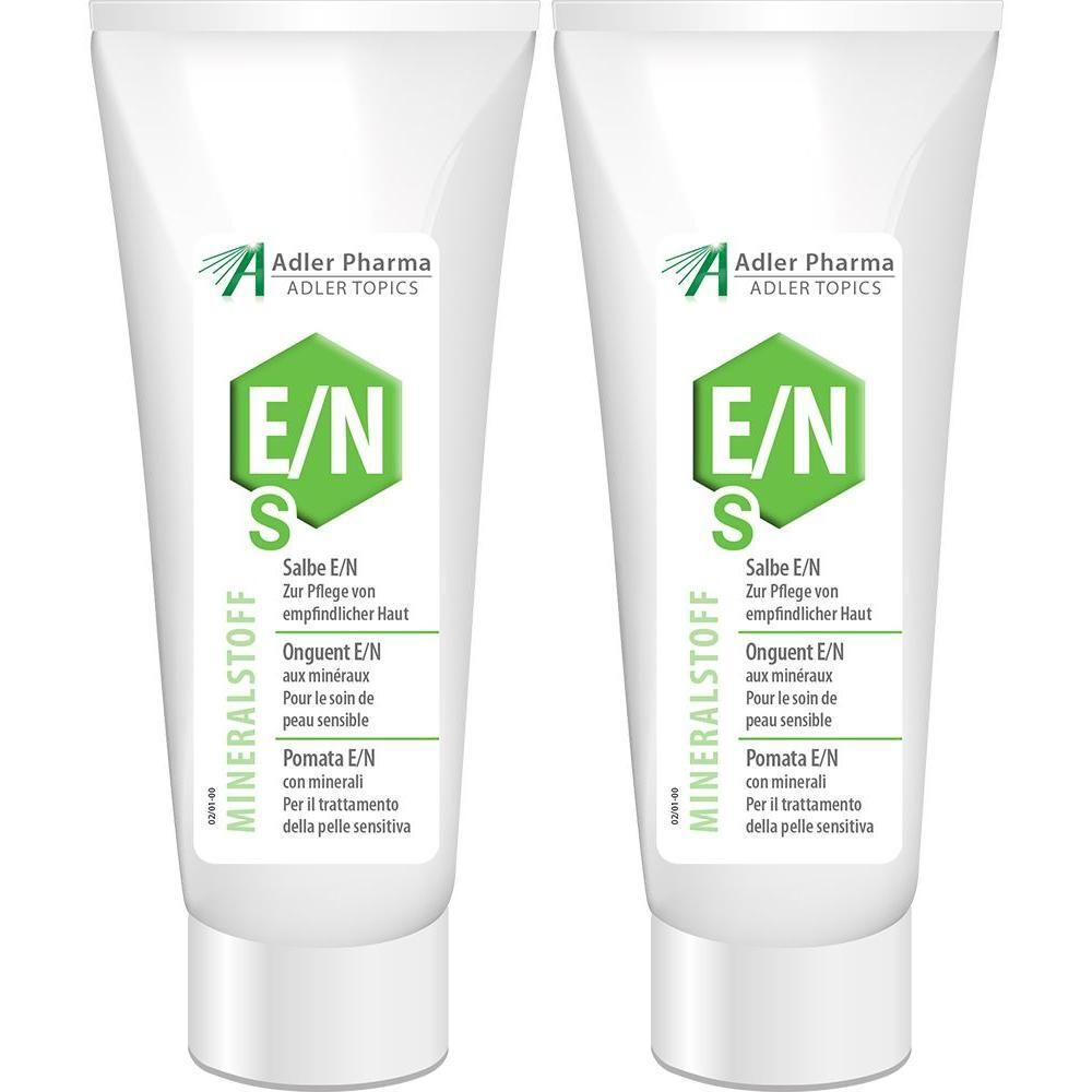 Zwei Tuben MINERALSTOFF Salbe E/N. Weiße Tuben mit grüner Schrift und Logo. Text in Deutsch, Französisch und Italienisch.