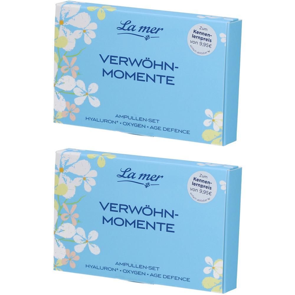Zwei blaue Schachteln mit floralem Muster. Aufschrift: La mer, Verwöhnmomente, Ampullen-Set, Hyaluron, Oxygen, Age Defence. Aufkleber: Kennenlernpreis.