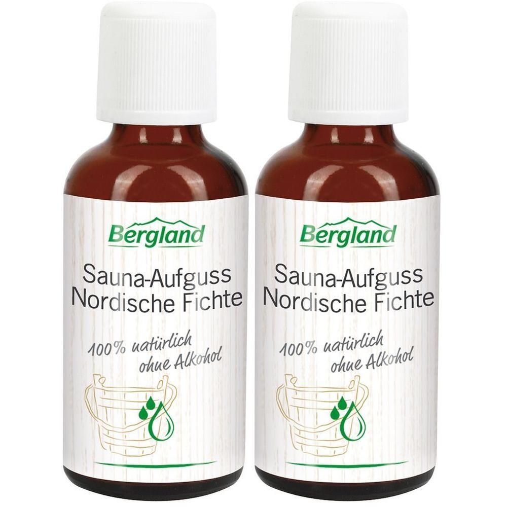 Zwei braune Flaschen mit weißem Deckel. Auf den Etiketten steht "Bergland Sauna-Aufguss Nordische Fichte". Text: "100% natürlich ohne Alkohol".