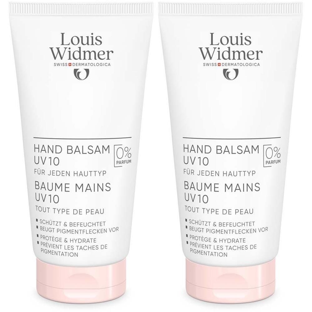 Zwei Tuben Handbalsam, weiß mit rosa Verschluss. Aufschrift: Louis Widmer, Hand Balsam UV10, 0% Parfum.