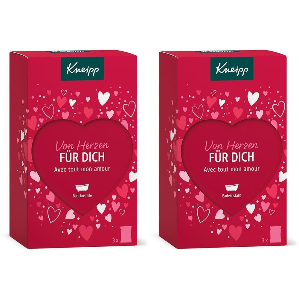 Zwei rote Geschenkboxen mit Herz-Design. Text: Von Herzen FÜR DICH. Kneipp Logo. 3x Packungen.