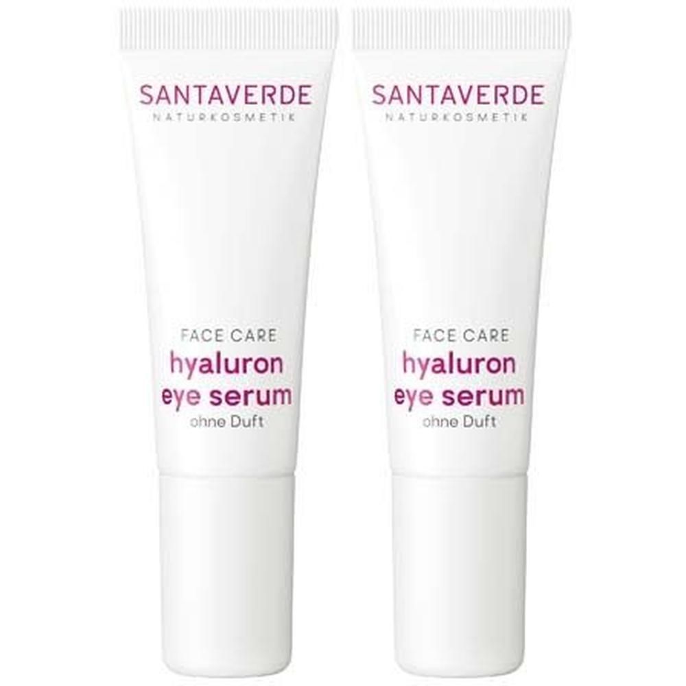 Zwei Tuben SANTAVERDE Hyaluron Augenserum. Weiße Tuben mit lila Schriftzug. Aufschrift: FACE CARE, hyaluron eye serum, ohne Duft.