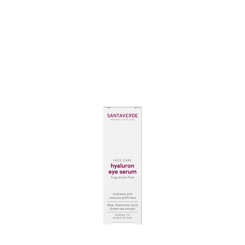 Verpackung SANTAVERDE Hyaluron Augenserum. Weiße Verpackung mit lila Schriftzug. Aufschrift: FACE CARE, hyaluron eye serum, fragrance-free.