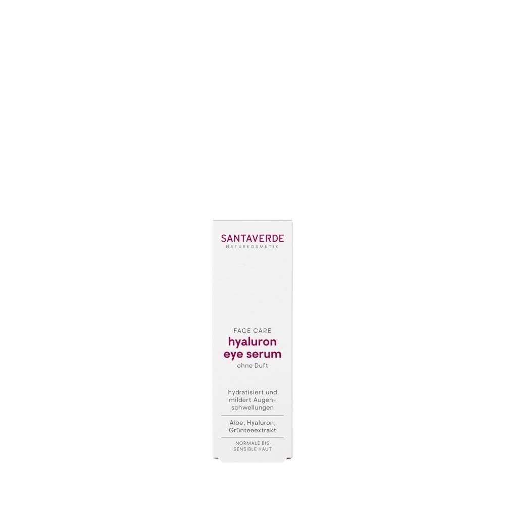 Verpackung SANTAVERDE Hyaluron Augenserum. Weiße Verpackung mit lila Schriftzug. Aufschrift: FACE CARE, hyaluron eye serum, ohne Duft.