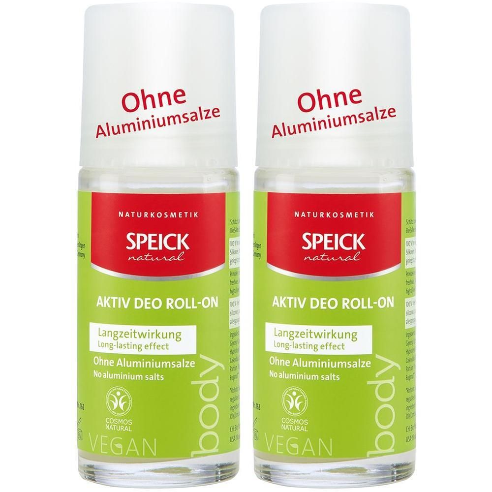 Zwei Roll-on Deodorants. Weißer Deckel, transparente Flasche mit grünem Etikett. Text: SPEICK natural, Aktiv Deo Roll-on, ohne Aluminiumsalze.