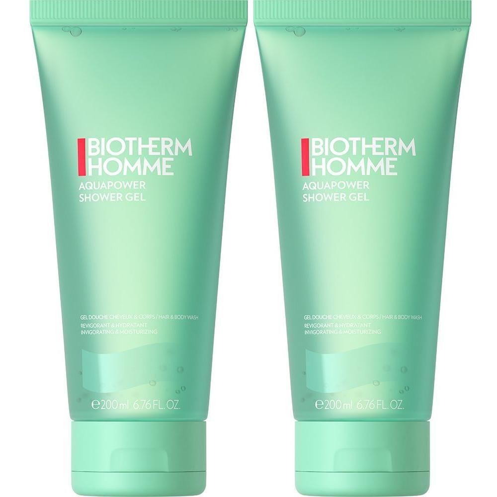 Zwei grüne Tuben Duschgel. Auf jeder Tube steht "BIOTHERM HOMME AQUAPOWER SHOWER GEL".