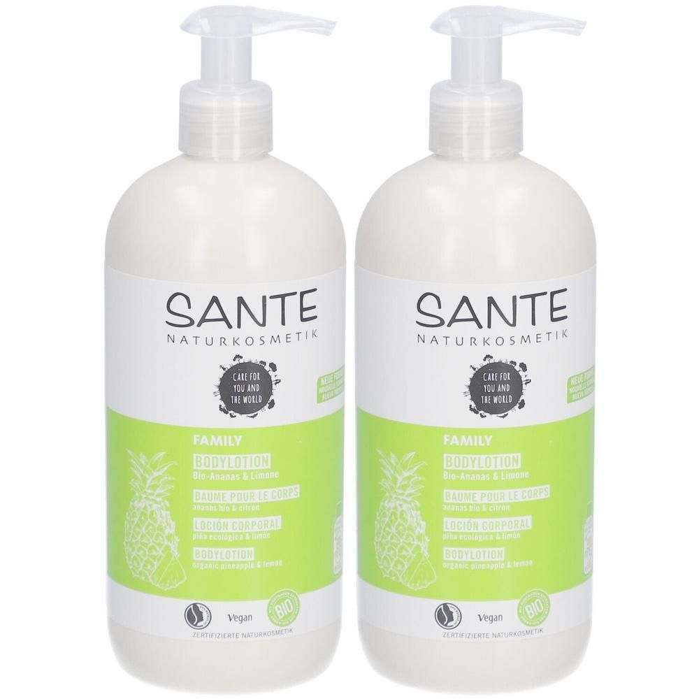 Zwei weiße Flaschen mit Pumpaufsatz. Aufschrift SANTE Naturkosmetik, Bodylotion Bio-Ananas & Limone. Vegan und Bio-Siegel.