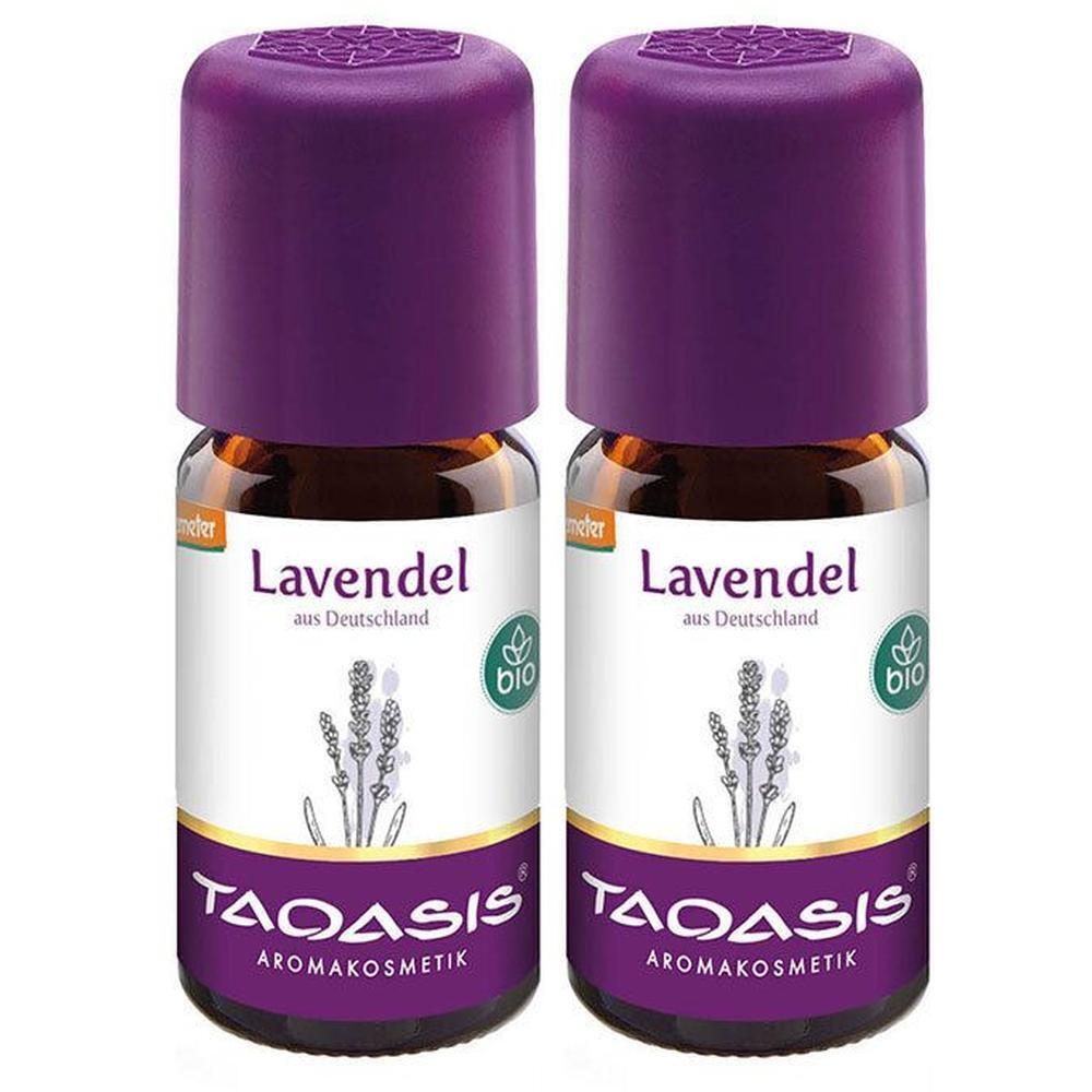 Zwei Flaschen Lavendelöl mit lila Deckel. Aufschrift: Lavendel, aus Deutschland, Bio-Siegel, TAOASIS Aromakosmetik.