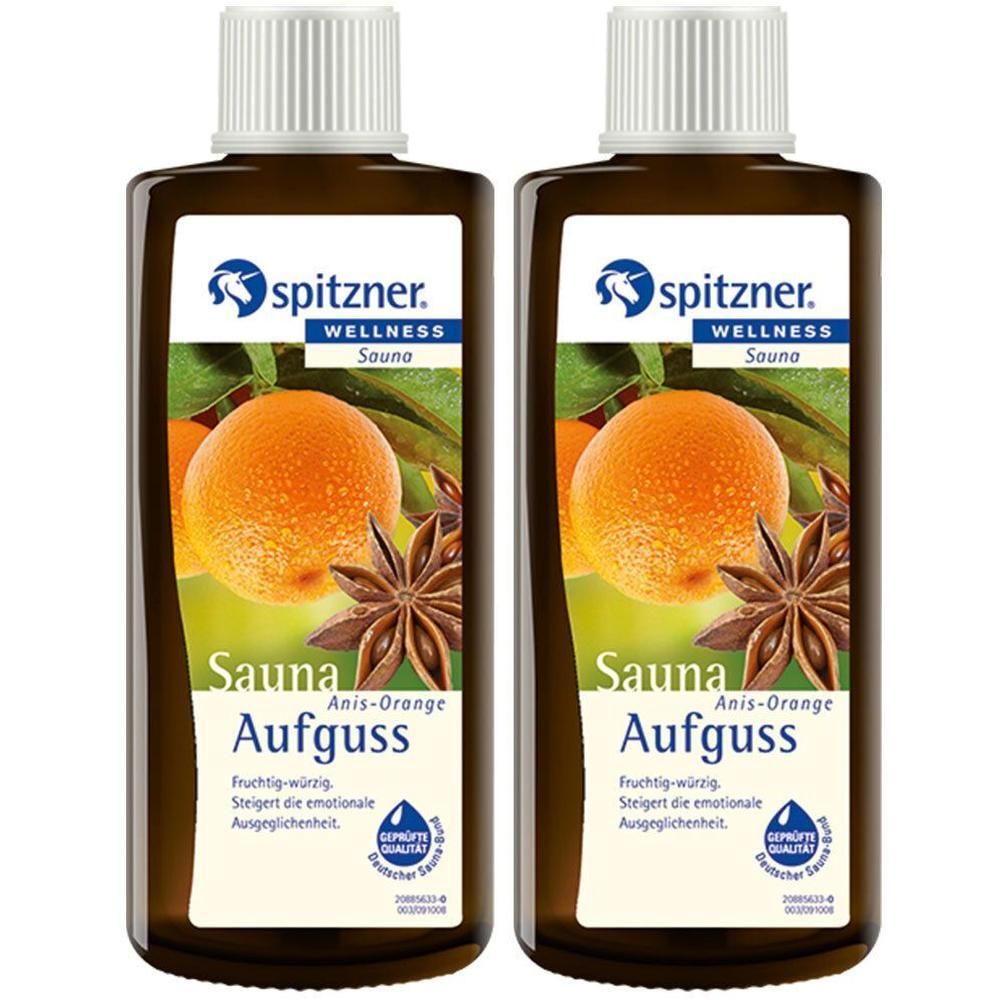 Zwei braune Flaschen mit weißem Deckel. Auf dem Etikett: Spitzner Wellness Sauna Aufguss Anis-Orange. Mit Orange und Sternanis-Abbildung.