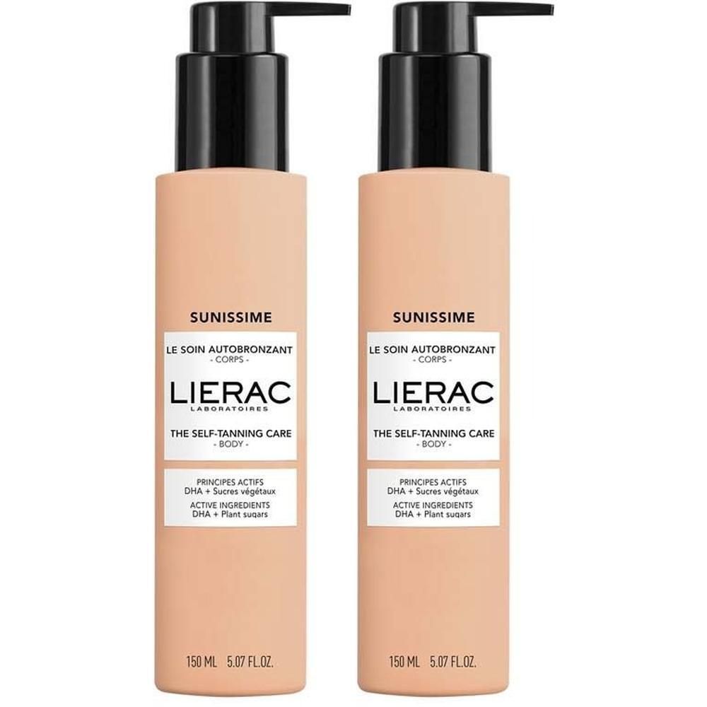 Zwei Flaschen mit schwarzem Pumpverschluss. Aufschrift: SUNISSIME, LIERAC. Text: LE SOIN AUTOBRONZANT CORPS. 150 ml.