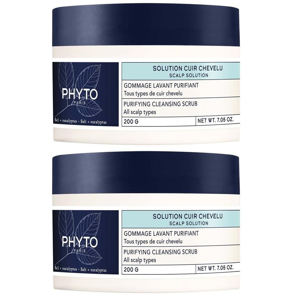 Zwei Tiegel PHYTO REINIGENDES Peeling. Weiße Tiegel mit blauem Deckel und Etikett. Text: SOLUTION CUIR CHEVELU, GOMMAGE LAVANT PURIFIANT, 200 G.