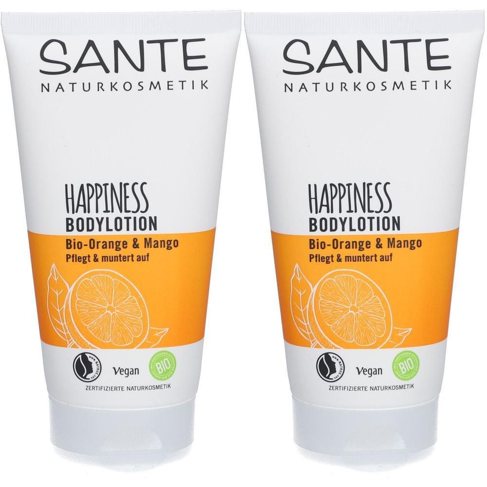 Zwei Tuben SANTE HAPPINESS Bodylotion. Weiße Tuben mit orangefarbenem Streifen und Produktinformationen. Vegan- und Bio-Siegel.