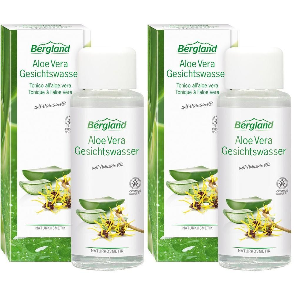 Mehrere Flaschen und Verpackungen mit der Aufschrift "Bergland Aloe Vera Gesichtswasser".