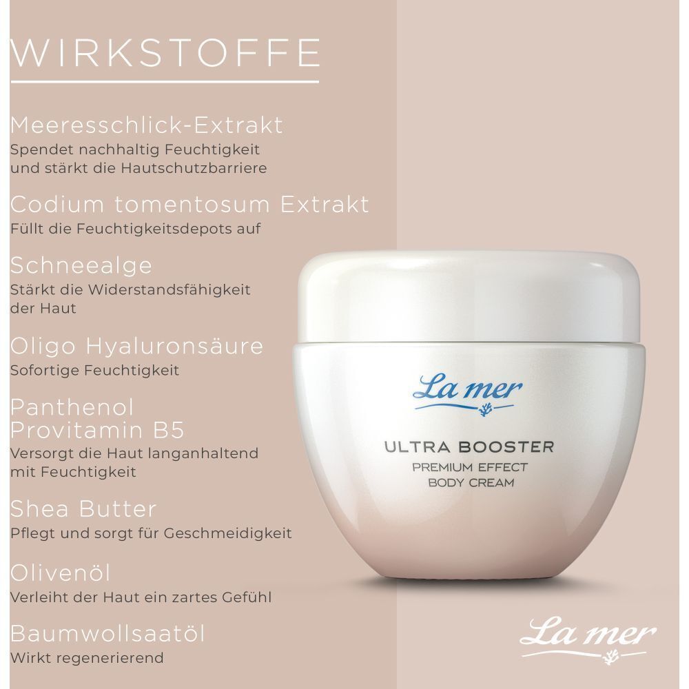 Cremetiegel mit Inhaltsstoff-Liste. Aufschrift: La mer, Ultra Booster, Premium Effect, Body Cream. Hintergrund: beige.
