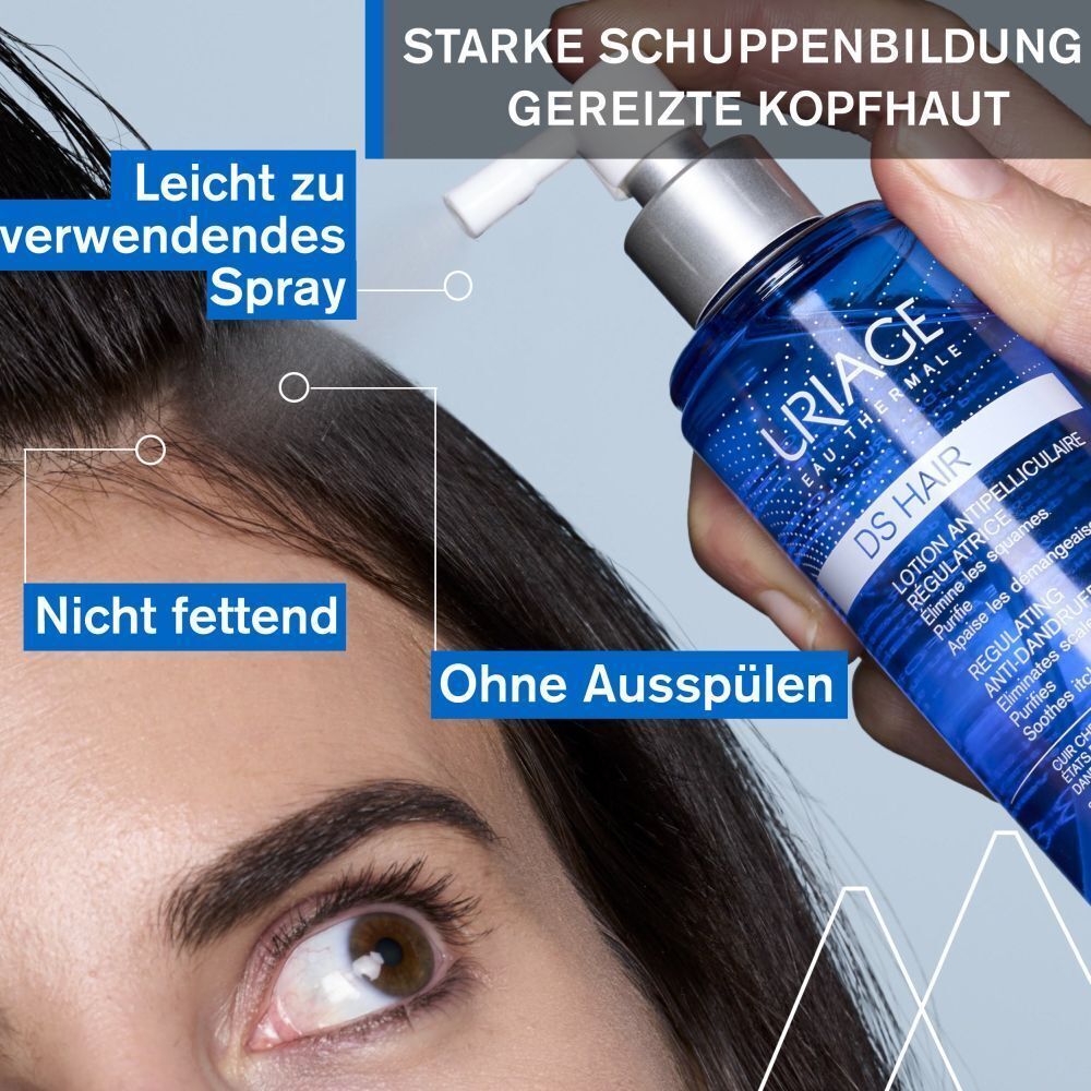 Nahaufnahme einer Frau mit Kopfhaut. Text: Leicht zu verwendendes Spray, Nicht fettend, Ohne Ausspülen. Produkt: URIAGE DS HAIR.