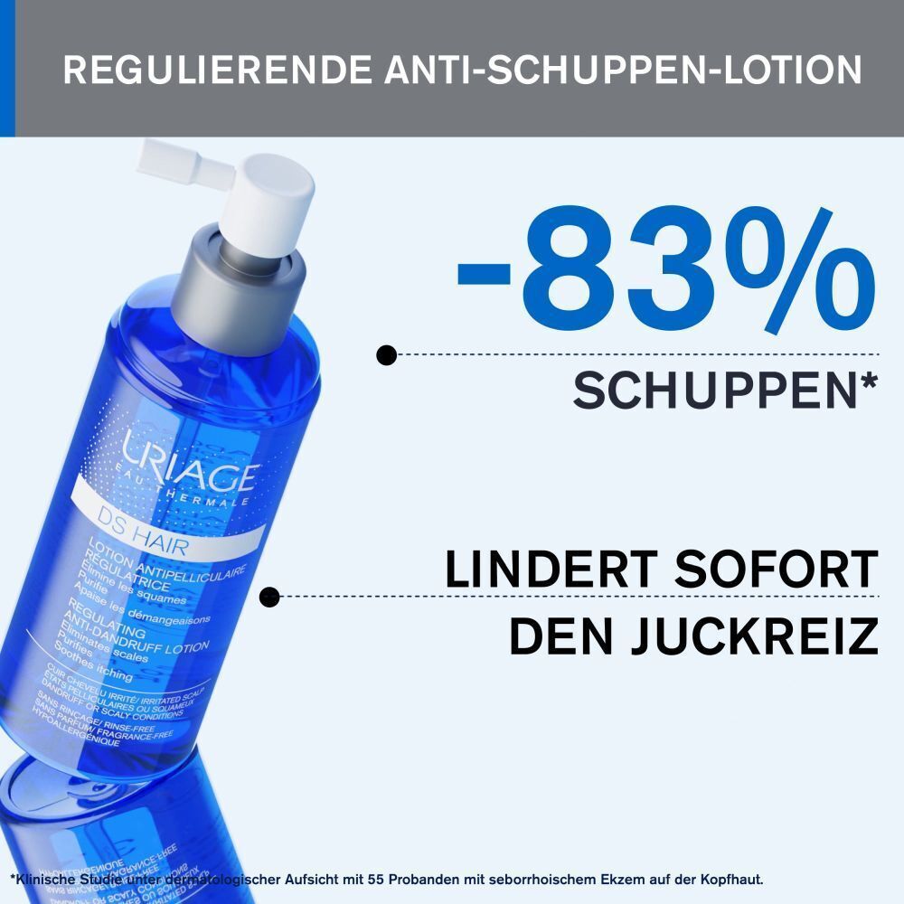 Blaue Flasche mit weißem Dosierkopf. Text: -83% Schuppen, Lindert sofort den Juckreiz. Produkt: URIAGE DS HAIR.