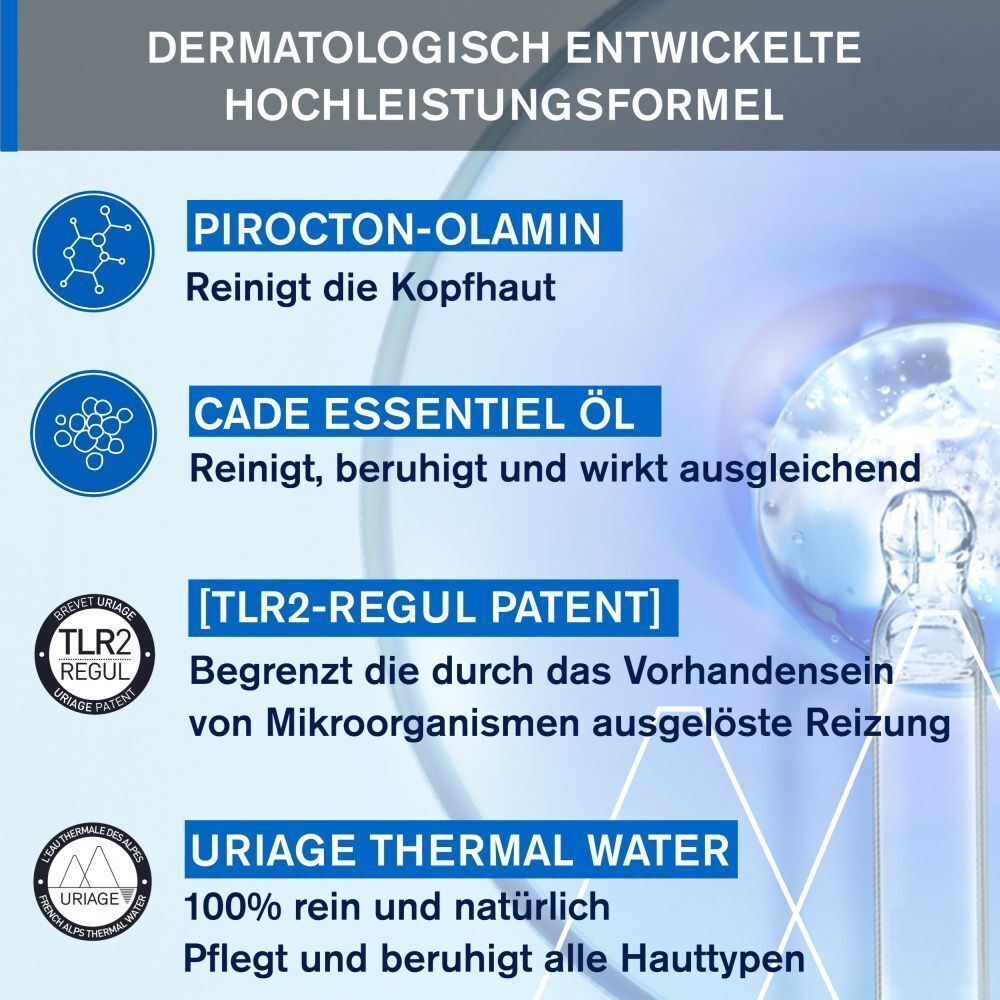 Grafik mit Inhaltsstoffen: Pirocton-Olamin, Cade Essentiel Öl, [TLR2-REGUL PATENT], Uriage Thermalwasser. Produkt: URIAGE.