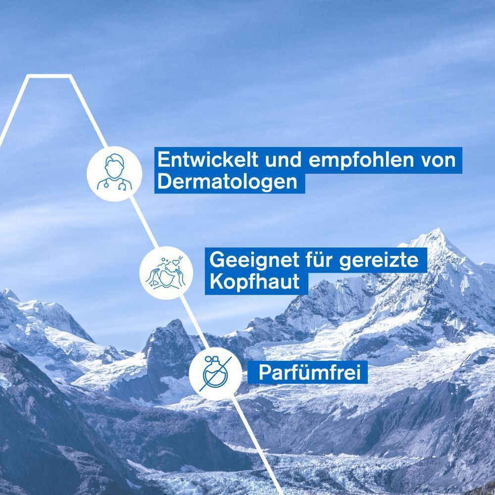 Grafik mit Text: Entwickelt und empfohlen von Dermatologen, Geeignet für gereizte Kopfhaut, Parfümfrei.