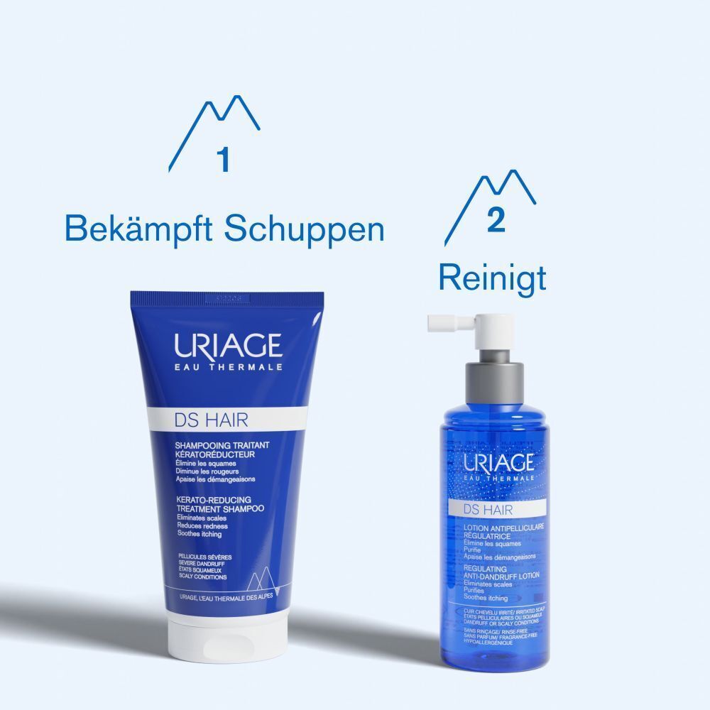 Produktabbildung: Shampoo und Lotion. Text: Bekämpft Schuppen, Reinigt. Produkte: URIAGE DS HAIR.