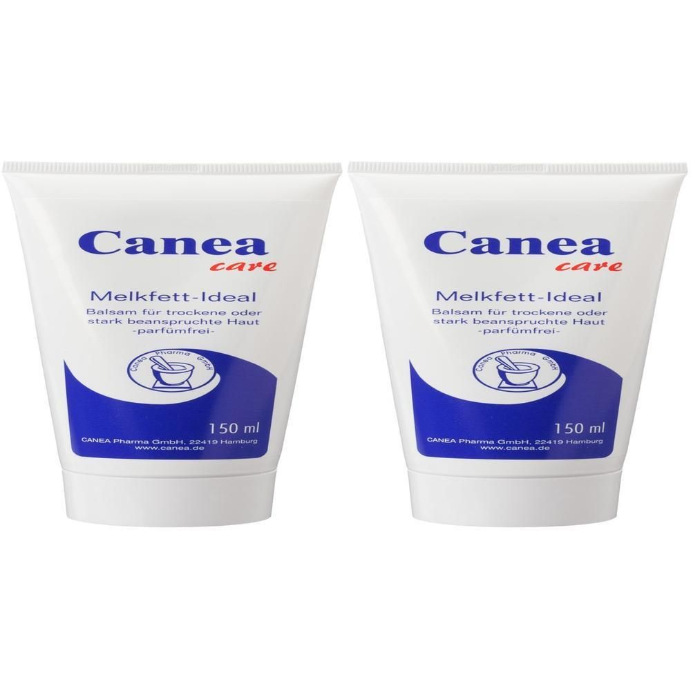 Zwei weiße Tuben mit blauer Beschriftung. Aufschrift: Canea care, Melkfett-Ideal. Enthält 150 ml. Abgebildet ist ein Mörser.